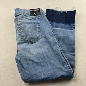 True Religion Cropped Jeans Women 30‎ Ombre Raw Hem Relaxed Straight Blue